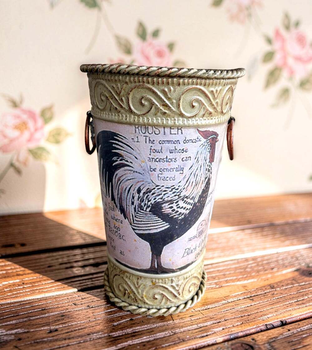 Rustic Rooster Metal Vase Bucket | Distressed Farmhouse French Country Decor